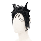 Gothic Women's Bat Tiara with Feathers and Roses