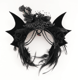 Gothic Women's Bat Tiara with Feathers and Roses