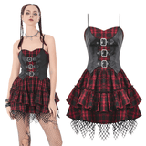 Gothic Women's Plaid Corset Short Dress with Clasp Set