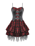 Gothic Women's Plaid Corset Short Dress with Clasp Set