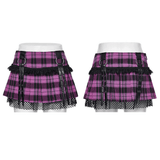 Grunge Mesh Pleated Mini Skirt with Lace Trim for Women