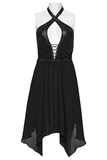 Halter Neck Punk Dress with Lace-Up Front and Chiffon Hem