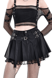 High Waist Pleated Lace Mini Skirt with Buckles