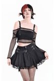 High Waist Pleated Lace Mini Skirt with Buckles