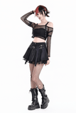 High Waist Pleated Lace Mini Skirt with Buckles