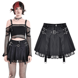 High Waist Pleated Lace Mini Skirt with Buckles