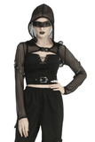 Hooded Long Sleeves Mesh Crop Top in Black Sheer Fabric