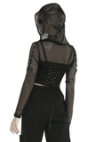 Hooded Long Sleeves Mesh Crop Top in Black Sheer Fabric