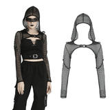 Hooded Long Sleeves Mesh Crop Top in Black Sheer Fabric