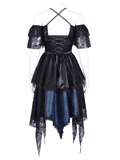 Lace and Satin Gothic Off-Shoulder Dress with Cross Accents