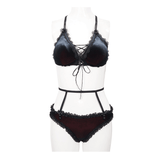 Lace Black and Red Bikini: Swimsuit with Waist Straps