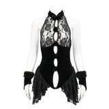 Sexy Damen-Body aus schwarzer Spitze mit Überärmeln / Gothic-Neckholder-Dessous aus Samt