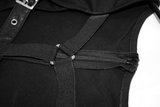 Damen-Body mit PU-Leder-Bondage-Vorderseite und Netzärmeln / Sexy Punk-Jumpsuit mit tiefem Ausschnitt und V-Ausschnitt