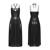 Lady's Goth Halter Line Print Long Camisole Gown