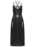 Lady's Goth Halter Line Print Long Camisole Gown