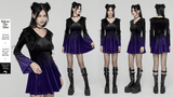 Lavender gradient velvet gothic dress with lace details, heart-shaped collar, and flared bell sleeves.