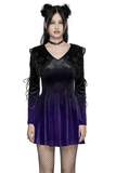 Gothic lavender velvet dress with heart-shaped collar, lace details, and flared sleeves, perfect for dramatic style.