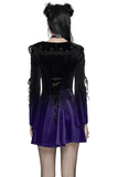 Back view of a lavender gradient velvet gothic dress with lace details and bell sleeves, showcasing its elegant design.