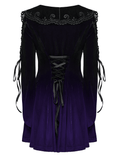 Back view of a lavender gradient velvet gothic dress with lace details and heart-shaped collar. Elegant and playful design.