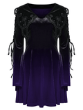 Lavender gradient velvet dress with lace details, heart-shaped collar, and flared sleeves for gothic elegance.