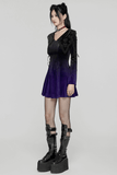 Model in a lavender gradient velvet gothic dress with lace details, showcasing a heart-shaped collar and bell sleeves.