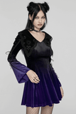 Model showcases a lavender gradient velvet gothic dress with lace details, heart-shaped collar, and bell sleeves.