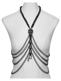 Layered Metal Skull Necklace with Gothic Chain Harness