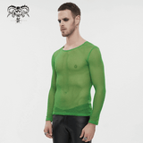 Male Soft Stretchy Transparent Tops: Green Long Sleeve Top