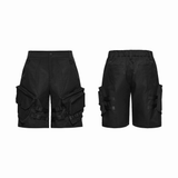 Men's Black Cyberpunk Cargo Shorts with Strap Buckles