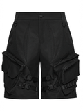 Men's Black Cyberpunk Cargo Shorts with Strap Buckles
