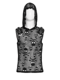 Mens Black Skull Mesh Hooded Sleeveless Top with Studs
