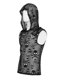Mens Black Skull Mesh Hooded Sleeveless Top with Studs