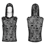 Mens Black Skull Mesh Hooded Sleeveless Top with Studs