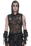 Mens Black Skull Mesh Hooded Sleeveless Top with Studs