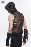Mens Black Skull Mesh Hooded Sleeveless Top with Studs