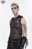 Mens Black Skull Mesh Hooded Sleeveless Top with Studs