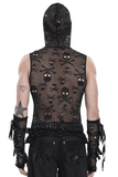 Mens Black Skull Mesh Hooded Sleeveless Top with Studs