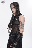 Mens Black Skull Mesh Hooded Sleeveless Top with Studs