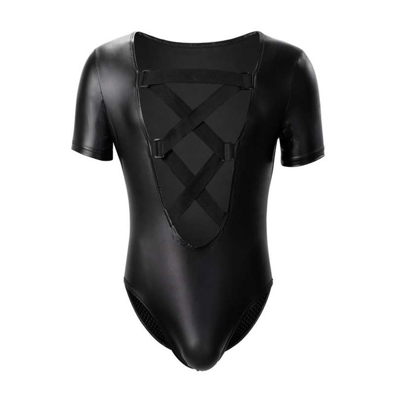 Men's Plunge Bodysuit with Criss-cross Chest Straps / Sexy Black Short Sleeve Leotard - EVE's SECRETS