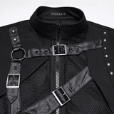 Men's Punk Mesh Black Vest with Strap Buckles