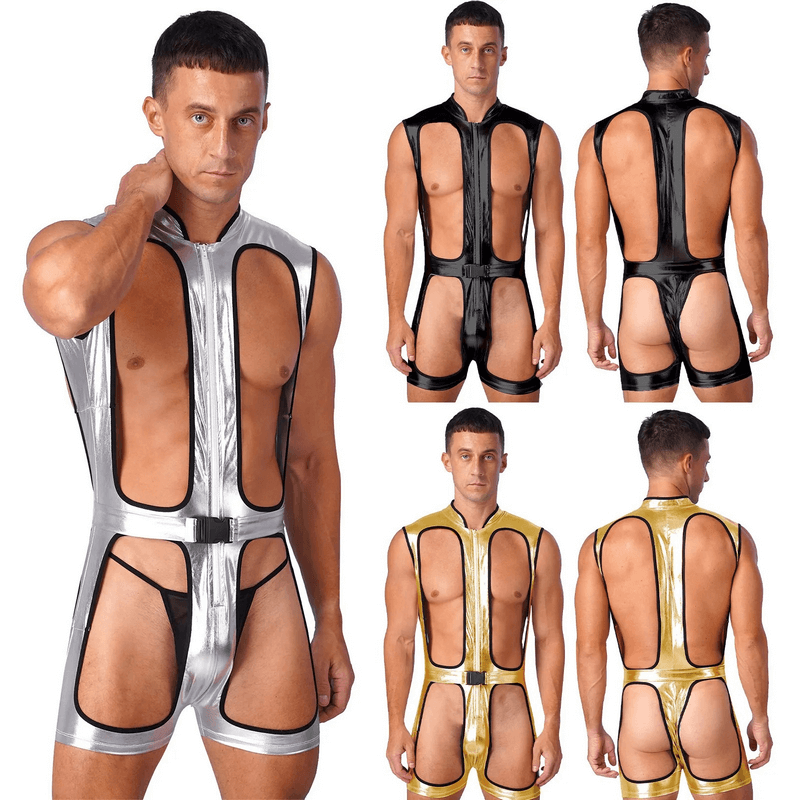 Men's Shiny Metallic Cut-out Romper / Male Sexy Outfits - EVE's SECRETS
