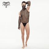Fetisch Schwarzer, elastischer Mesh-Body mit hohem Kragen / Sexy Herren-Einteiler-Body mit Handschuhen