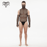 Fetisch Schwarzer, elastischer Mesh-Body mit hohem Kragen / Sexy Herren-Einteiler-Body mit Handschuhen