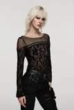 Mesh Long Sleeves Top with Gothic Print