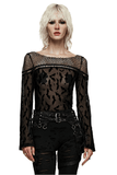 Mesh Long Sleeves Top with Gothic Print