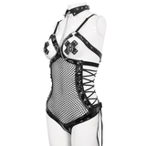 Mesh Patent Leather Bodysuit With Studs And Choker