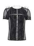 Mesh Punk T-Shirt with Studded Gothic Cross Accent