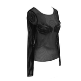 Damen Gothic Mesh Langarm-Top mit Pfotenverzierung / Lässige schwarze Slim-Fit-Tops