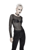 Damen Gothic Mesh Langarm-Top mit Pfotenverzierung / Lässige schwarze Slim-Fit-Tops