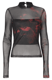Mesh Top for Women with a Stand Collar and Vibrant Red Print